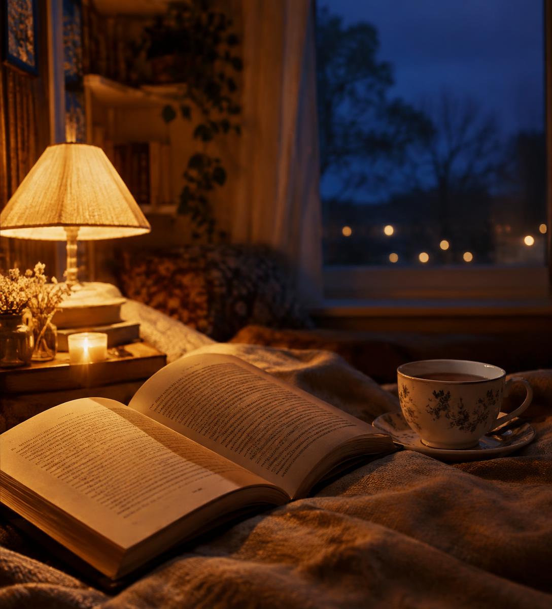 Open book and tea by lamplight at midnight